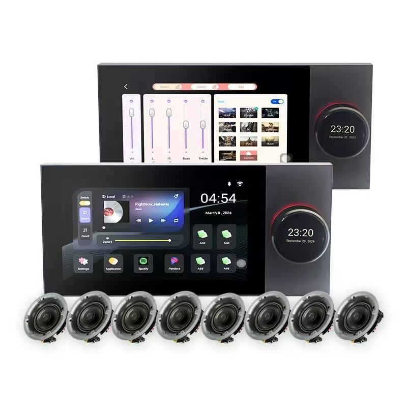 Multi-zone smart audio amplifier panel with matching ceiling speakers