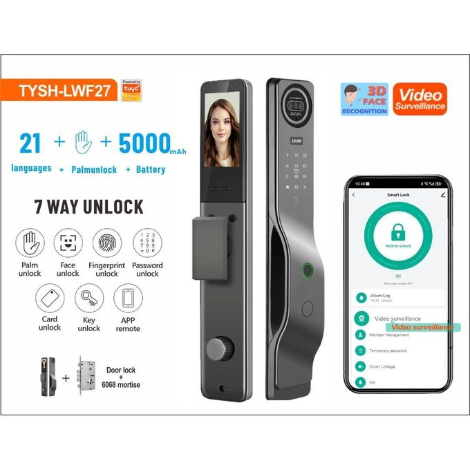 7-way unlock smart door lock with palm face fingerprint and app access